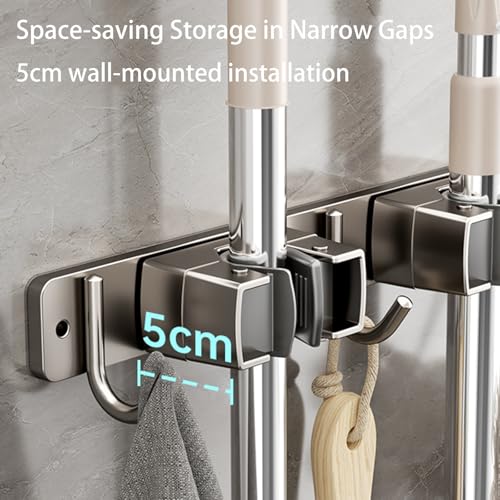 Wall-Mounted Broom Holder Stainless Steel Mop Storage Rack Laundry Room Storage Solution Suitable for Kitchens, Gardens,Garages (Option C: 4 clips with 5 hooks) - color: Option C: 4 clips with 5 hooks