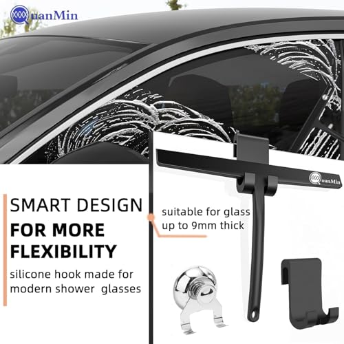 11 Inch Squared Shower Squeegee with Hook & Suction Cup, Stainless Steel Core Silicone Wiper, Streak-Free Cleaner for Glass Doors, Windows, Mirrors, Tile Walls & Car Cleaning (Black) - size: Square Headed-11 inch
