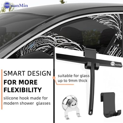 9 Inch Shower Squeegee with Hook - Heavy Duty Glass Door Scraper for Streak-Free Cleaning, Tile Walls, Shower Glass & Car Windows - Rustproof Rubber Blade & Secure Storage (Black) - size: Square Headed-9 inch