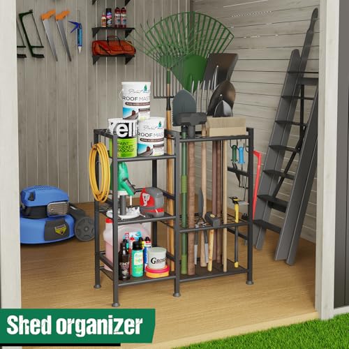 keomaisyto Garden Tool Organizer for Garage Organization, 3 Tier Yard Tool Storage Rack with 35 Long-Handled Tool Slots, Heavy Duty Garden Tool Holder with Large Hooks for Shed, Yard, Garage - size: Extra Large-no Wheels