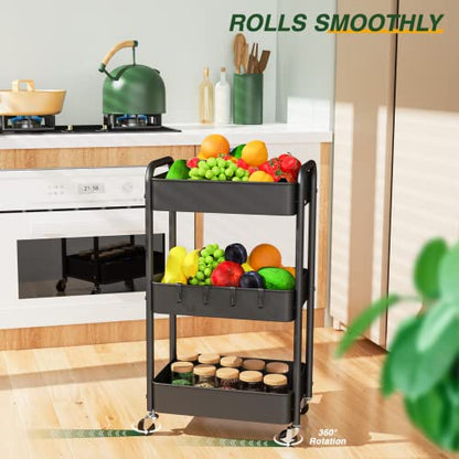 LEHOM 3 Tier Rolling Cart, Metal Rolling Utility Cart with Lockable Wheels & Hooks, Multi-Functional Heavy Duty Storage Cart Organizer for Bathroom, Kitchen, Office, Living Room - color: Black
