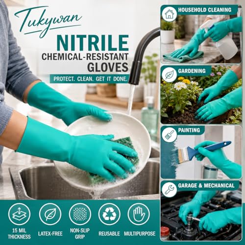 15 Mil Chemical Resistant Nitrile Gloves, Latex free Durable Cleaning Gloves, Resist Acid, Alkali, Solvent and Oil - color: 2 Pair-green, size: Small