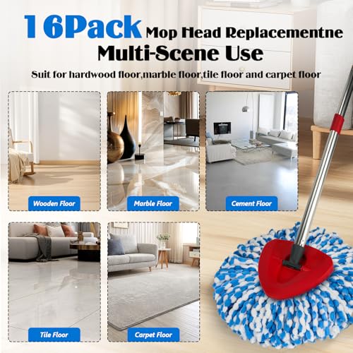 Spin Mop Replacement Set for O-Ceda RinseClean 2-Tank System, 16 Microfiber Spin Mops Refills,1 Scrubber Head,1 Triangle Spin Base,and(31-63in) Adjustable Handle Set Combo - size: Blue-16P