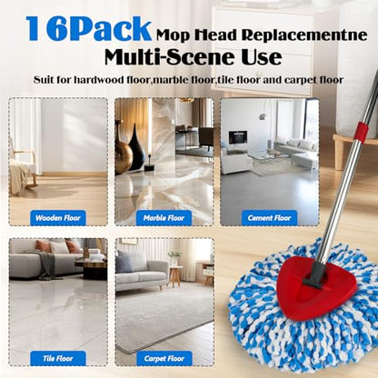 Spin Mop Replacement Set for O-Ceda RinseClean 2-Tank System, 16 Microfiber Spin Mops Refills,1 Scrubber Head,1 Triangle Spin Base,and(31-63in) Adjustable Handle Set Combo - size: Blue-16P