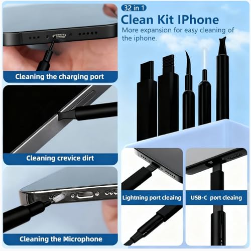 32 in 1 Cell Phone Cleaning kit with Charging Port Cleaner,Stylus Pen,SIM Tool,Keyboard Brush,Speaker Brush,Electronic Cleaning kit for iPhone,AirPods,iPad,Keyboard,MacBook,Earbud,Camera Lens(Black) - color: Black