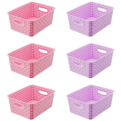 Mixed Color Small Plastic Open Storage Weave Baskets, 6-Pack Versatile Shelf Organizer Woven Baskets for Classrooms, Children's Rooms, and Pantries, Pink/Purple-10x7.5x4 inch - color: Pink, Purple