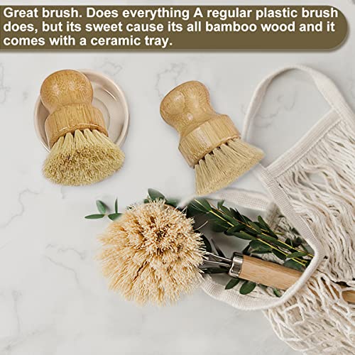 Wooden Dish Brush Set Clean Pots, Pans and Vegetable, Natural Bristles Bamboo Scrub Brushes with Ceramic Dish - 1 Long Handle Dish Brush + 2 Palm Scrubbing Brush - size: 4 Piece Brush Set with Holder