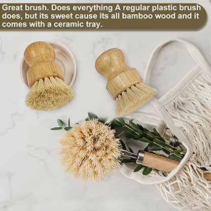 Wooden Dish Brush Set Clean Pots, Pans and Vegetable, Natural Bristles Bamboo Scrub Brushes with Ceramic Dish - 1 Long Handle Dish Brush + 2 Palm Scrubbing Brush - size: 4 Piece Brush Set with Holder