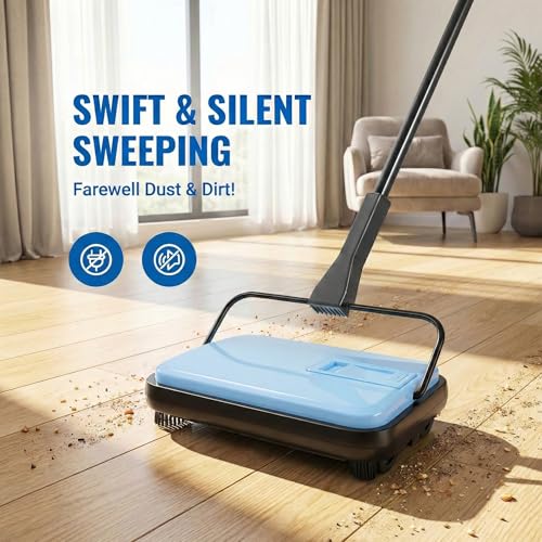 Manual Carpet Sweeper, Electric-Free Quiet Floor Sweeper with 300ml Easy-Empty Dustbin, 6.7” Cleaning Width for Pet Hair, Crumbs, Dust on Carpets, Hardwood, Tile - Home & Office Use (Blue) - color: Blue