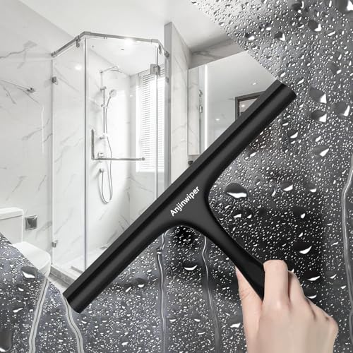 Shower Squeegee for Glass Doors with Adhesive Hook, Silicone Bathroom Squeegee for Shower Glass, Window, Tile Wall, Ergonomic Household Cleaner Tool, No-Squeak/Streak-Free/Non-Slip, 10 inch - color: All Black