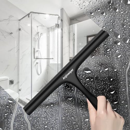 Shower Squeegee for Glass Doors with Adhesive Hook, Silicone Bathroom Squeegee for Shower Glass, Window, Tile Wall, Ergonomic Household Cleaner Tool, No-Squeak/Streak-Free/Non-Slip, 10 inch - color: All Black
