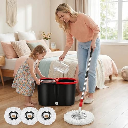 360° Spin Mop & Bucket System – 20QT Floor Cleaning Set with 3 Microfiber Mop Heads & 61" Adjustable Stainless Steel Handle for Effortless, Streak-Free Cleaning-Black - color: Black