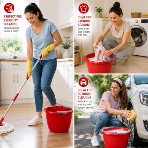 Large 10-Qt Easy Pour Pail with Comfort Grip Handle, Heavy Duty Utility Bucket for Cleaning, Washing, Storage & Household Use, Red