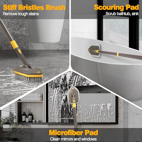 NEWE Shower Cleaner Brush, Tub Tile Scrubber with Telescopic Long Handle 56 inches, 4 Scrub Heads for Cleaning Bathroom Bathtub Floor Baseboard Sink Kitchen Toilet (Brown Yellow) - color: Brown Yellow