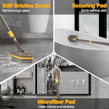 NEWE Shower Cleaner Brush, Tub Tile Scrubber with Telescopic Long Handle 56 inches, 4 Scrub Heads for Cleaning Bathroom Bathtub Floor Baseboard Sink Kitchen Toilet (Brown Yellow) - color: Brown Yellow
