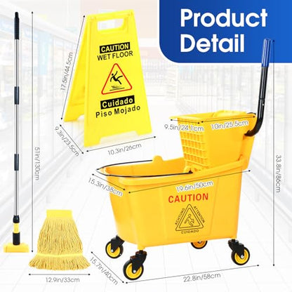 Maxdot 35 Quart Commercial Mop Bucket with Side Press Wringer on Wheels Yellow Industrial Mop and Bucket Set with Caution Sign for Floor Cleaning