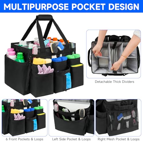 Large Rolling Cleaning Caddy Bag with Detachable Trolley,Cleaning Cart on Wheels with Shoulder Strap,Cleaning Supplies Organizer for Housekeepers,Black - color: Black