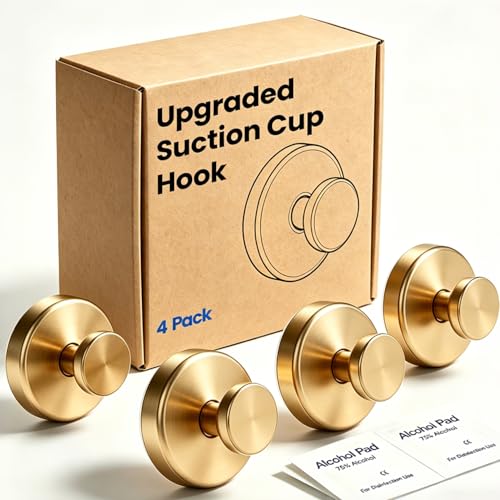 Suction Cup Hooks for Shower: Gold Towel Hooks for Bathrooms, Adhesive Hooks - Drill Free, No Damage Wall Hooks for Hanging, Removable Wreath Hanger for Inside Shower, Closet, Robe, Clothes (4 Pack) - color: Gold
