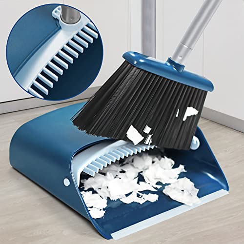 Standing Dustpan and Broom Set with 52" Long Extendable Handle for Home, Indoor, Kitchen Room Office Lobby Floor Cleaning - color: Navy Blue