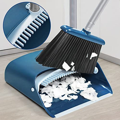 Standing Dustpan and Broom Set with 52" Long Extendable Handle for Home, Indoor, Kitchen Room Office Lobby Floor Cleaning - color: Navy Blue