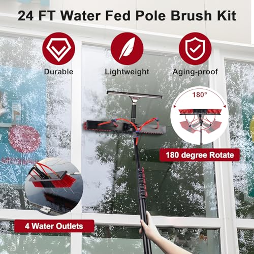 24FT Solar Panel Cleaning Brush & Squeegee Kit, Proffesional Window Washing Tool, 22in Wide Brush & 2 Dusting Brush, Water Fed Pole, Extendable Telescopic Pole for Roof Mounted Solar Panels - size: 24ft