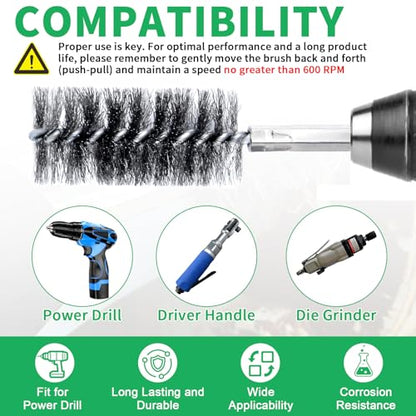 Wayona 20PCS Hand-Twisted Stainless Steel Bore Brush Set & Deep Reaching Wire Brush, 1/4" Hex Shank Drill Attachment for Rust Removal and Cleaning (8,10,13,15,17,19,22,25,28,30mm, Each Size 2Pcs)