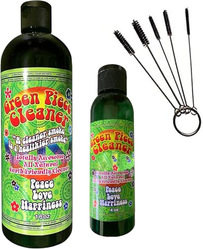 Green Piece® Cleaner 16 oz (Made in USA) - Free travel size - 4 Oz. and a Free tube pieces Cleaner! The All Natural Glass Cleaner, Metal and Ceramic Water bubbler - style: 16 Fl Oz (Pack of 2) + 5 Brushes