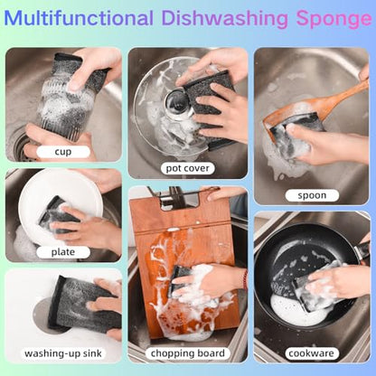 Kitchen Dish Sponges Steel Scrubbers - 6 Pack Black Non Scratch Heavy Duty Scrub Sponges，Reusable Multipurpose Metal Cleans for Washing Dishes，Pots and Pans，Household Cleaning，Bathroom - color: Black