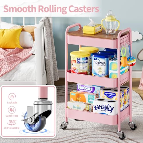 TOOLF 3-Tier Rolling Cart with Table Top, Metal Storage Cart on Wheels, Utility Organizer with Wooden Tray, Lockable Casters, Easy Assembly for Bathroom, Living Room, Office, Bedside, Pink - color: Pink