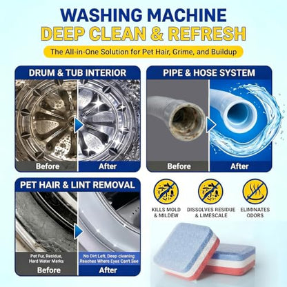 Washing Machine Cleaner Tablets Ultra - Designed for Pet Owners, Removes Residue, Grime & Odors, with Mold Cleaning Gel&Brush, Compatible with HE, Top&Front Load, 30 Tablets-12+ Month Supply - color: Colorful 32 Pack