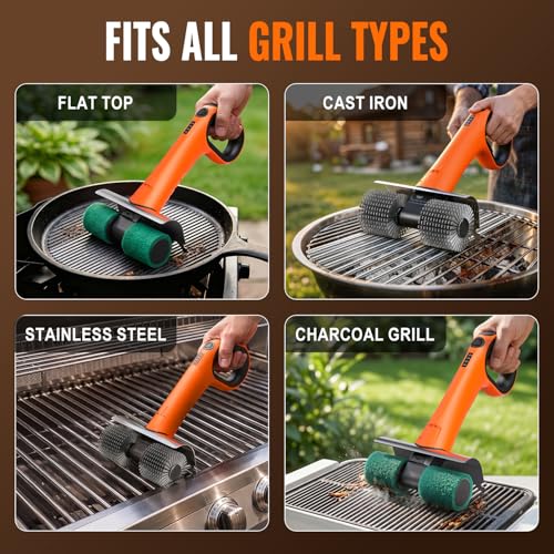 Electric Grill Brush - Dual Rotating Heads Cordless BBQ Grill Cleaner, 450 RPM Motorized Power Grill Cleaning Brush with LED Light, 6-Piece Replaceable Brush Set Safe for Most Outdoor Grill Grates