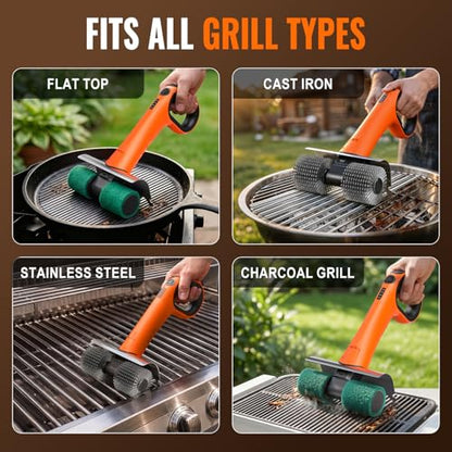 Electric Grill Brush - Dual Rotating Heads Cordless BBQ Grill Cleaner, 450 RPM Motorized Power Grill Cleaning Brush with LED Light, 6-Piece Replaceable Brush Set Safe for Most Outdoor Grill Grates