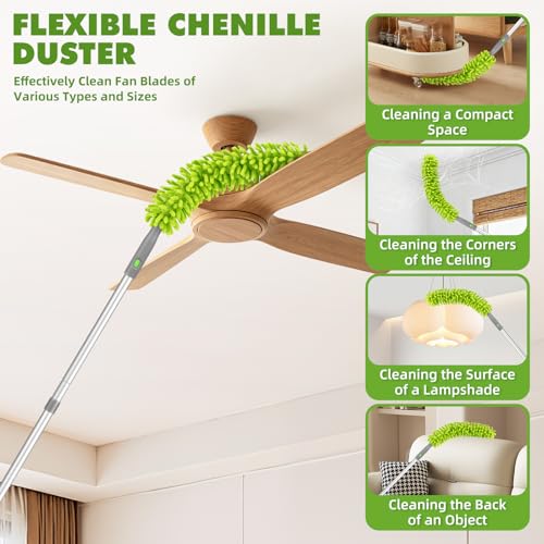Ceiling Fan Cleaner Duster with 6 Ft/77'' Extendable Long Handle Multi-Functional Chenille Fan Duster for Ceiling Fan Blades, Blind, Cobweb, Vent, Wall