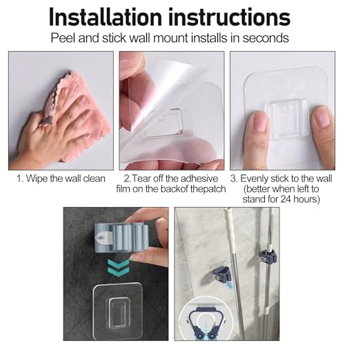 3Pcs Broom Holder Wall Mount Adhesive Mop Hanger No-Drill Strong Hold Hook Waterproof Mop and Broom Organizer Space Saving Storage Rack(Grey) - color: Grey