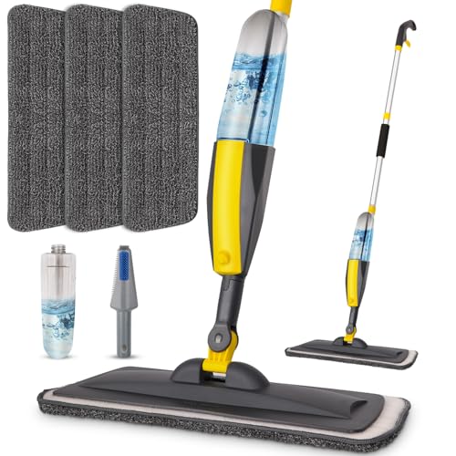 Wet Spray Mop for Floor Cleaning with 14 oz Bottle & 3 Microfiber Pads | Refillable bottle, washable pads, dry/wet use for home or commercial cleaning on hardwood, laminate, wood & ceramic floors - color: 05-grey & Yellow
