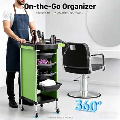 Salon Trolley Cart with Wheels, 6-Tier Beauty S-alon Cart with 4 Drawers, Space-Saving Rolling Salon Versatile Utility Cart, Open Top Floor, 110.23lbs Load-Bearing, Retractable Trays (Green+Black) - color: Green+black
