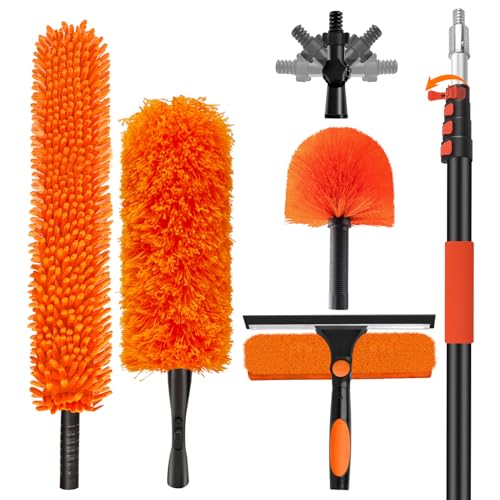 20FT High Reach Duster with Extension Pole 3-12FT, 4-in-1 Cleaning Kit with Universal Swivel Joint, High Ceiling Fan Cleaner Duster, Cobweb Duster, Microfiber Feather Duster and Window Squeegee - size: 12FT Pole