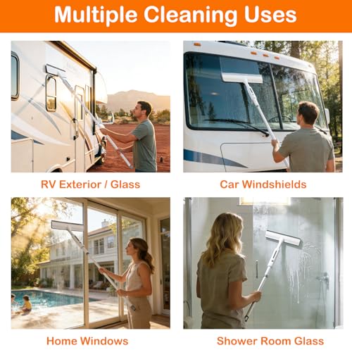RV Window Cleaning Squeegee with Spray, Max 73.3" Handle, Motorhome & Camper Exterior Glass Cleaner, 3-in-1 Spray Mop for High Windows, Home & Car