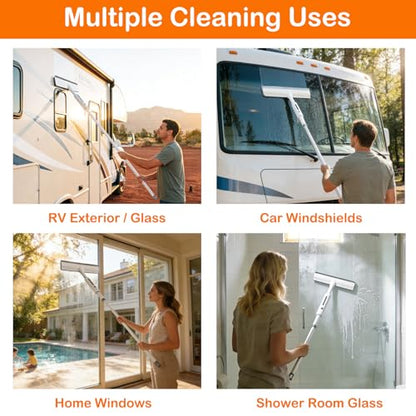 RV Window Cleaning Squeegee with Spray, Max 73.3" Handle, Motorhome & Camper Exterior Glass Cleaner, 3-in-1 Spray Mop for High Windows, Home & Car