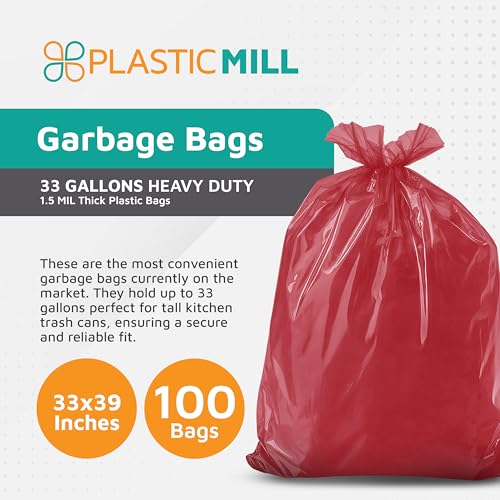 PlasticMill Heavy Duty Trash Bags - Red Garbage Bags - Plastic Waste Bags - Tall Trash Sacs, Trash Can Liners - 33-Gallon Large Kitchen Trash Bags, 1.5 Mil, 33"x39" (100-Count) - size: 1 Count (Pack of 100)