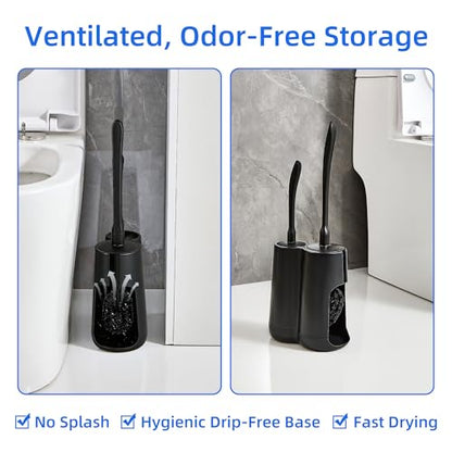 Toilet Brush and Holder Set with Pumice Stone – Long Handle Toilet Bowl Brush, Anti-Splash Scrubber, Ventilated Drip-Free Base, Deep Cleaner for Hard Water Stains, Limescale, Toilet Rings - color: Black