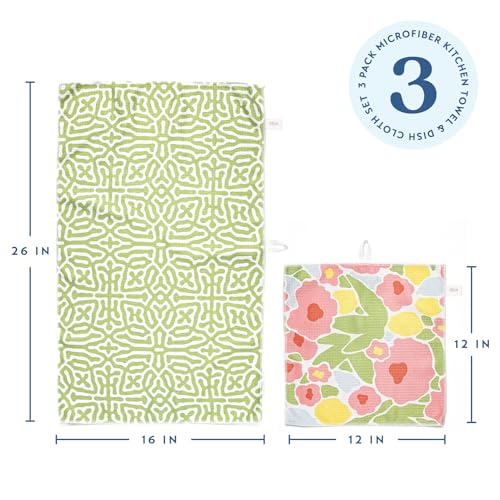 ELYN Microfiber Kitchen Dish Towel & Dish Cloth Set, Quick-Dry & Absorbent Waffle Weave Cleaning Cloths, Set of One Kitchen Towel & Two Washcloths, Paper Towels Alternative (Bold Floral & Geo) - color: Bold Floral & Geo, style: Towel & Cloth Set