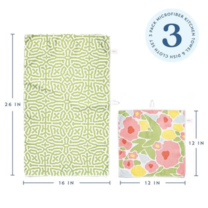 ELYN Microfiber Kitchen Dish Towel & Dish Cloth Set, Quick-Dry & Absorbent Waffle Weave Cleaning Cloths, Set of One Kitchen Towel & Two Washcloths, Paper Towels Alternative (Bold Floral & Geo) - color: Bold Floral & Geo, style: Towel & Cloth Set