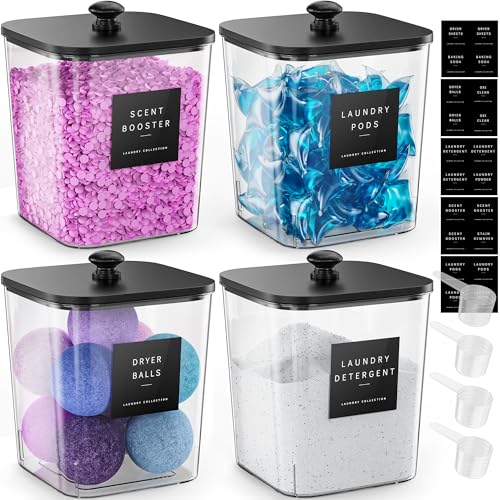 Moforoco 4 Pcs Laundry Pods Container, Clear Laundry Room Organization Containers,Large Detergent Powder Storage, Black Wooden Lids & Labels Dry Sheet Holder - color: Black, size: 4 pack