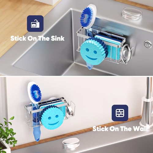 MURLONG Sponge Holder for Kitchen Sink,Sink Caddy Smiley Face,4-in-1 Sponge Holder with Suction Cups & 1 PCS Adhesive Strips for Holding Soap,Brush,Scrubber,Sponge,Stopper-Silver - color: Silver
