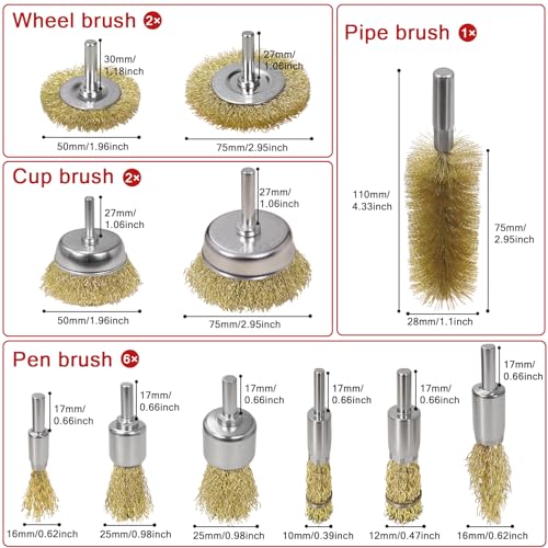 11 Pcs Wire Brush Drill Attachments-Wire Wheel for Drill Set Carbon Steel Cup & End Brushes with Soft Bristles for Metal Stripping,Rust & Paint Removal,Die Grinder Accessories,1/4" Shank