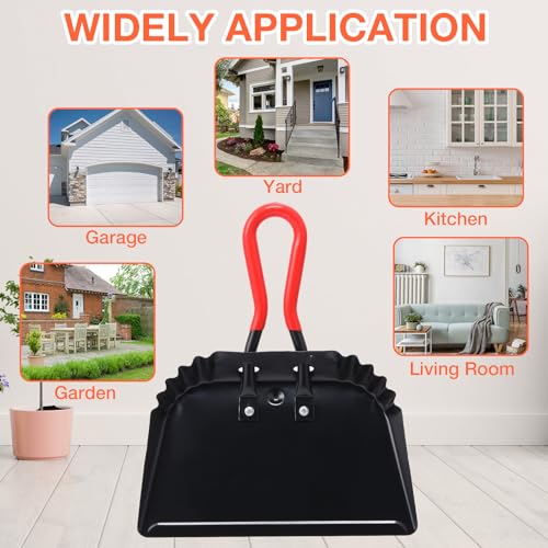 Uiifan 4 Pcs Industrial Metal Dustpans 12" Heavy Duty Dust Pan with Handle Commercial Dustpan Wide Scooper Dust and Debris Sweeping Tool Precision Edge Rubber Grip Loop Handle (Black)