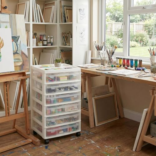novelinks Rolling Storage Cart, 6-Tier, for 12" x 12" Paper & Scrapbook Supplies—White, 6 Clear Cases & Built-in Handles, Holds Yarn, Vinyl, Stationery, Art, Craft, and Office Tools