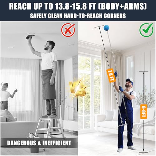 Lightweight Cobweb Duster with Extension Pole – 8FT Long Reach Brush Kit, Washable Head for Ceiling Fan, Spider Webs, Dust – Cleans Up to 15FT, for Furniture, Eaves, Vents, Roof - size: 8 FT(REACH UP TO 15FT)