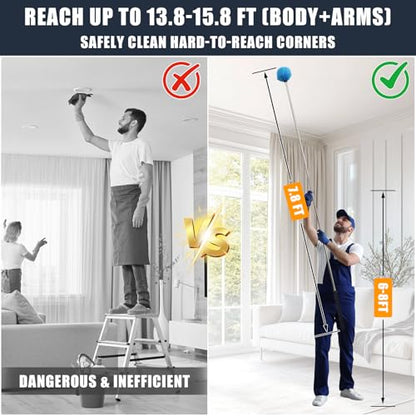 Lightweight Cobweb Duster with Extension Pole – 8FT Long Reach Brush Kit, Washable Head for Ceiling Fan, Spider Webs, Dust – Cleans Up to 15FT, for Furniture, Eaves, Vents, Roof - size: 8 FT(REACH UP TO 15FT)